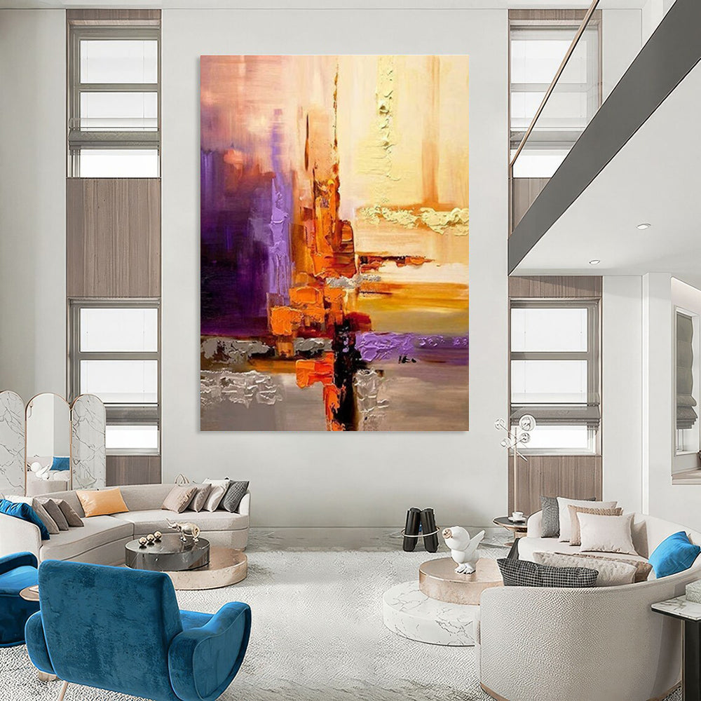 Purple and Orange Abstract Painting with Geometric Shapes ADGE278