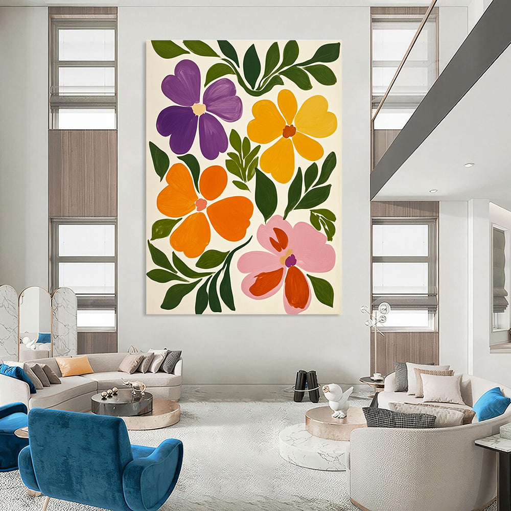 Large abstract painting featuring vibrant flowers with violet and green leaves against a white background in the style of Maira Kalman.STSC1317