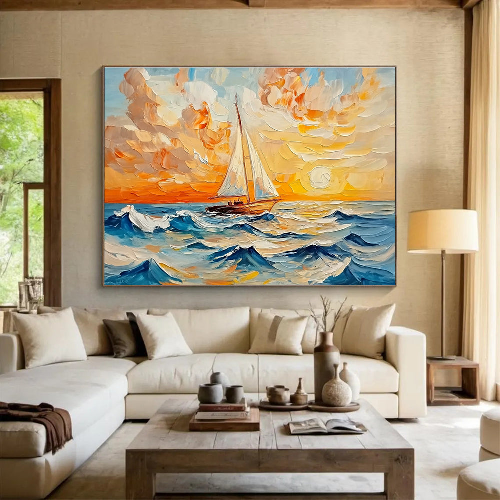 Sailboat Sunset Sea - Textured Seascape Abstract Painting DYP011