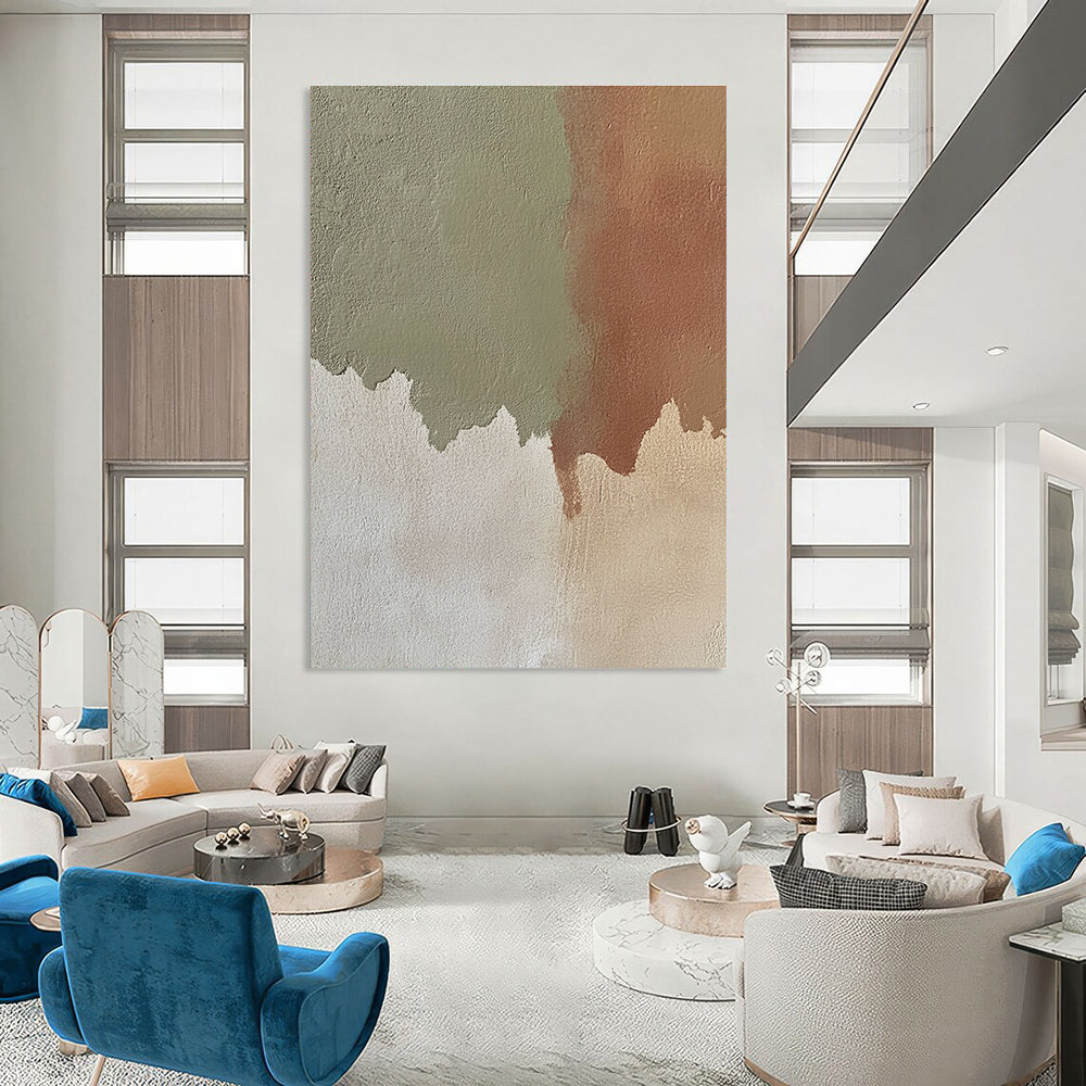 Abstract hand-painted artwork featuring beige paint with green shadows and reddish-brown shapes showcasing neutral tones and subtle color contrast.STSC488
