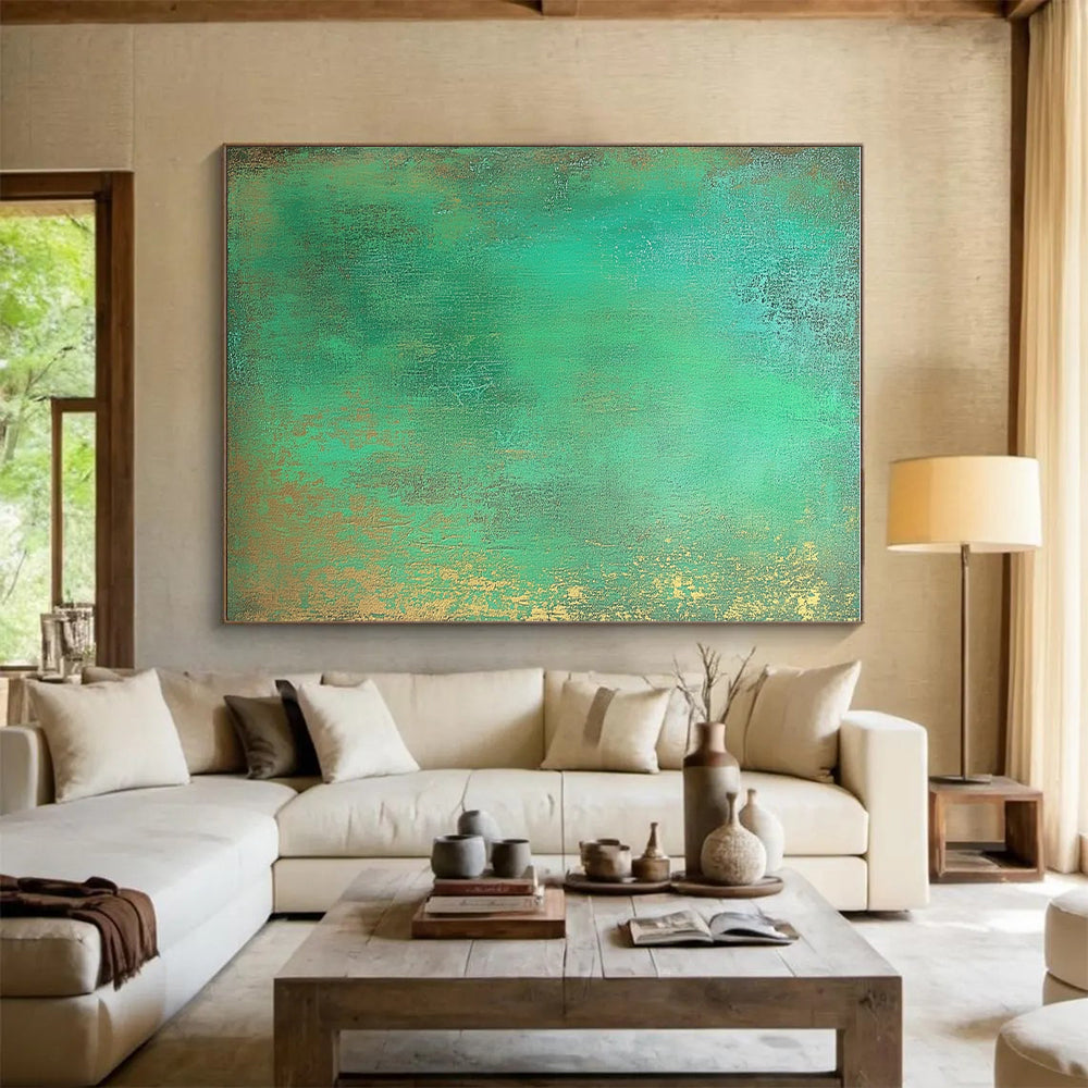 Green and Gold Textured Abstract Painting with Lush Glows GER128