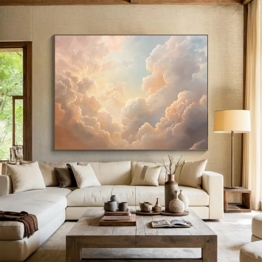 A stunning abstract oil painting featuring beautiful clouds in pink and peach tones, creating an ethereal atmosphere with soft light.SC406