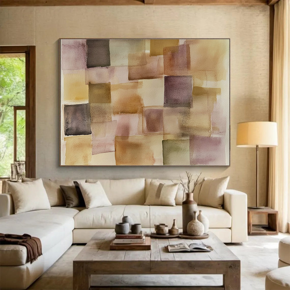 An abstract painting featuring soft pastel squares and rectangles in earthy tones of beige and brown, inspired by Paul Klee's style.SC619