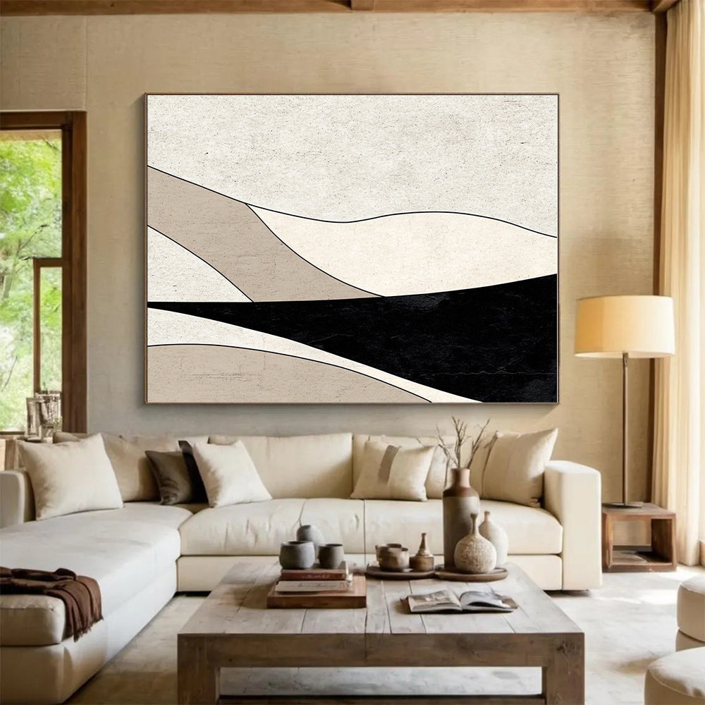 Black and Beige Curved Abstract Painting with Smooth Lines GER058