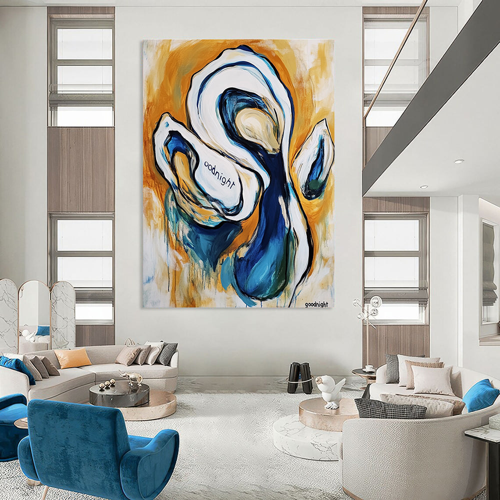 Large abstract painting of an oyster featuring the word goodnight in white and blue warm colors thick brush strokes and joyful scenes of dogs.STSC272