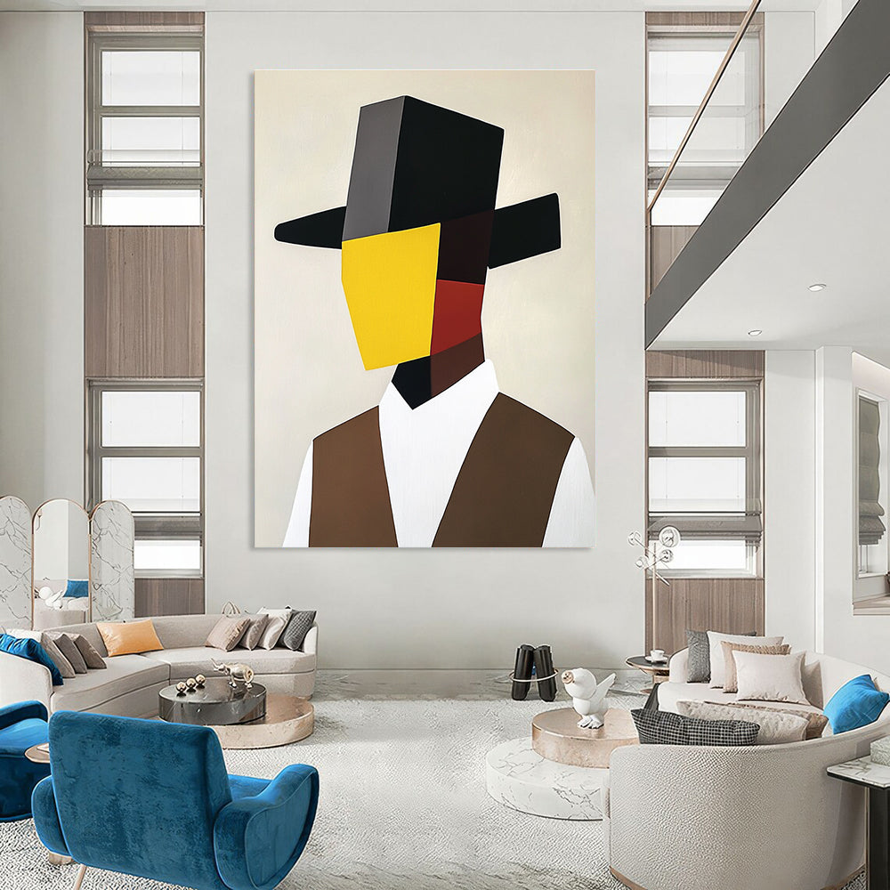 A large abstract painting featuring a minimalist cubist portrait of an Italian man in a black hat and brown vest with a yellow mask.STSC1082
