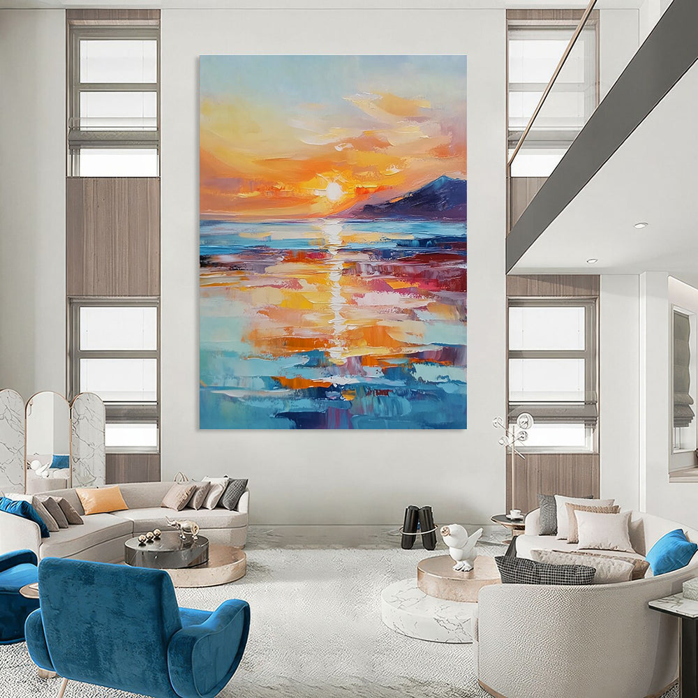 Large abstract painting of a sunset over the ocean with warm hues reflecting on the water and distant islands enhancing tranquility.STSC894