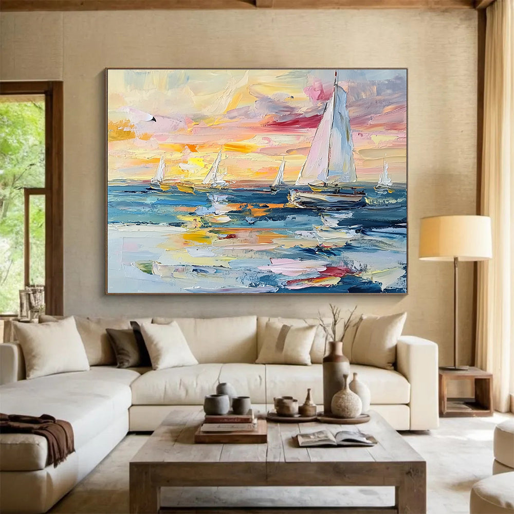 Sailboats at Sunset Colorful Abstract Painting with Vivid Sky Hues DYP603