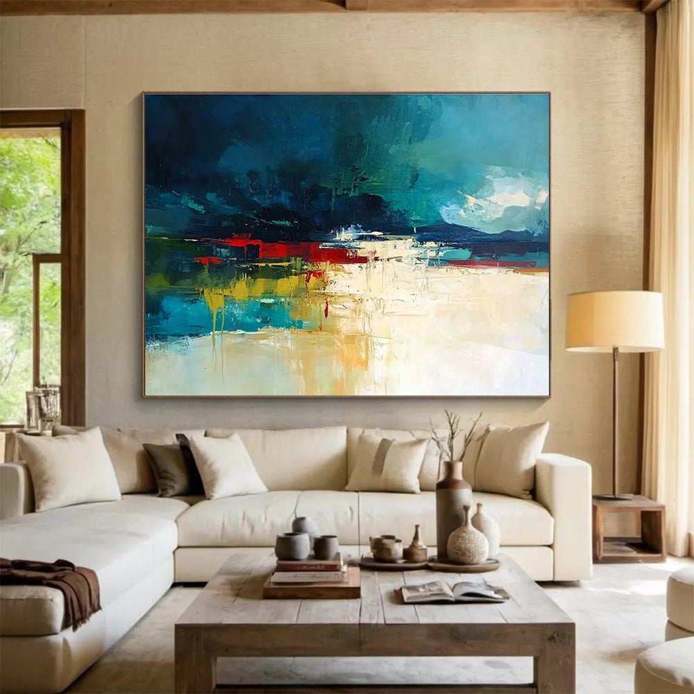 Bold Color Block Landscape Abstract Painting with Deep Blues and Reds DYP247