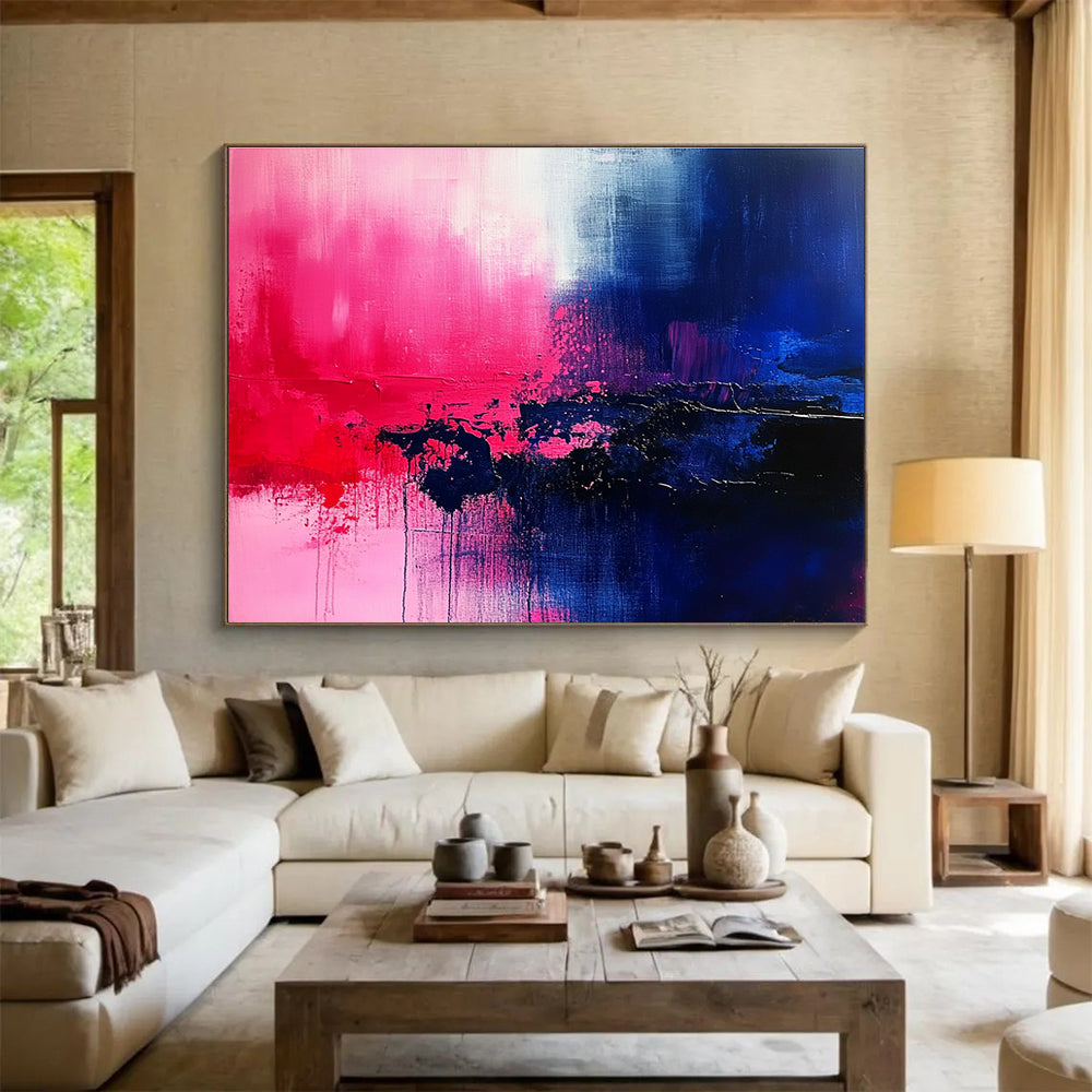 Large abstract painting featuring vibrant shades of blue pink red purple and black, ideal for contemporary decor.SC026