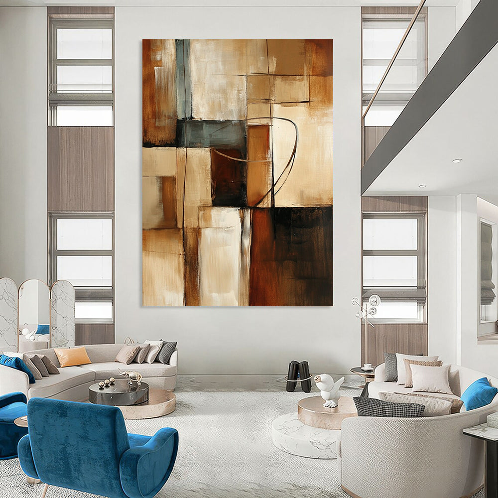 Large abstract painting featuring earthy tones and geometric shapes with textured brush strokes creating a calm and dynamic atmosphere.STSC751