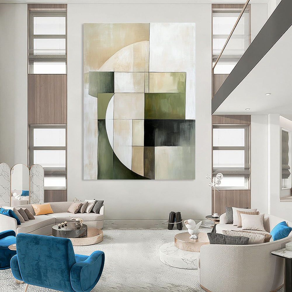 Large abstract painting featuring soft edges geometric forms in green and beige on a neutral background creating an elegant minimalist composition.STSC430