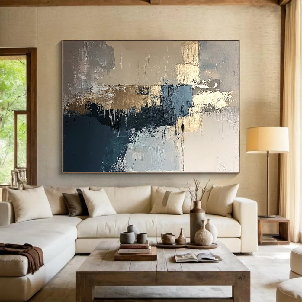 Gold and Blue Abstract Painting with Dripping Textures DYP385