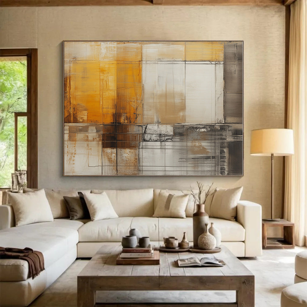 Brown and Gray Abstract Painting with Grid Motifs GER470