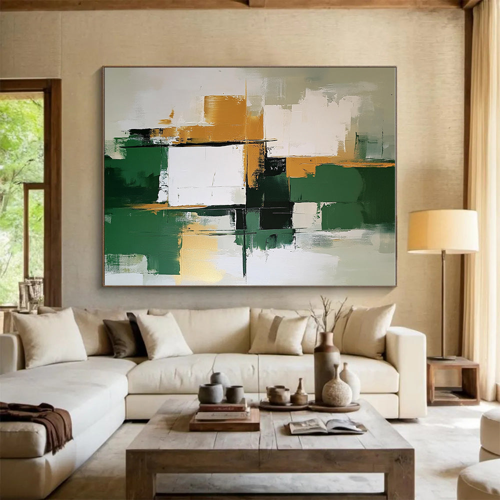 Green Gold and White Abstract Painting with Layered Blocks GER679