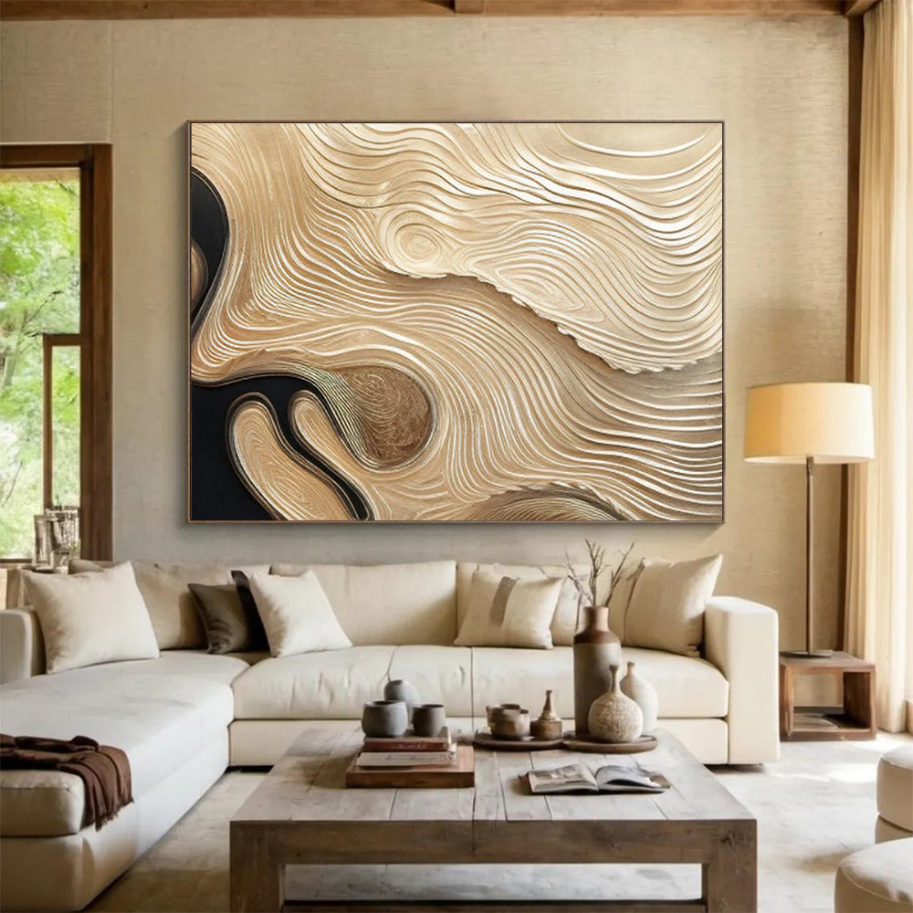 Golden and Black Textured Wave Abstract Painting THY100