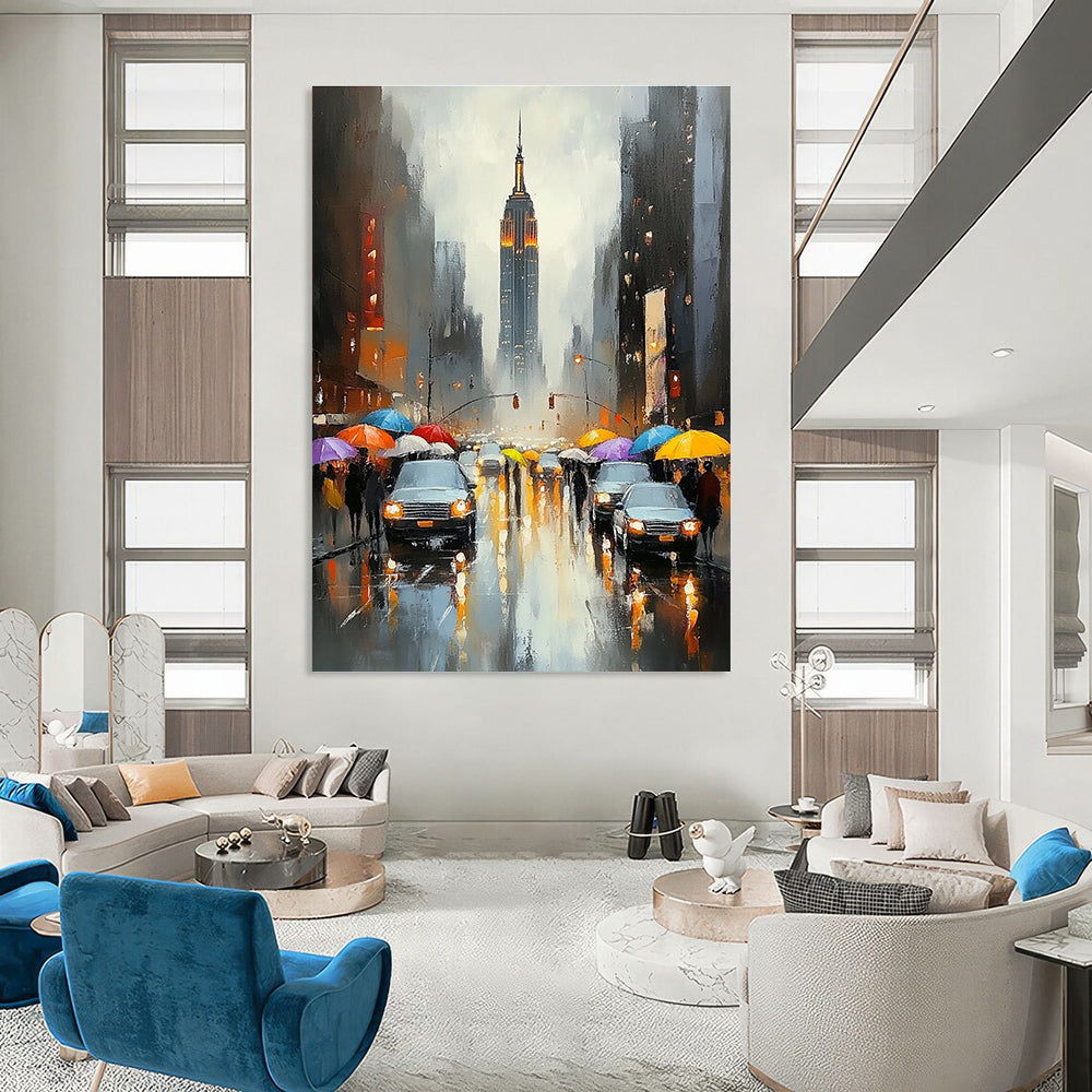 Abstract painting featuring New York City with the Empire State Building vibrant colors rain reflections and soft brush strokes capturing city life.STSC1362