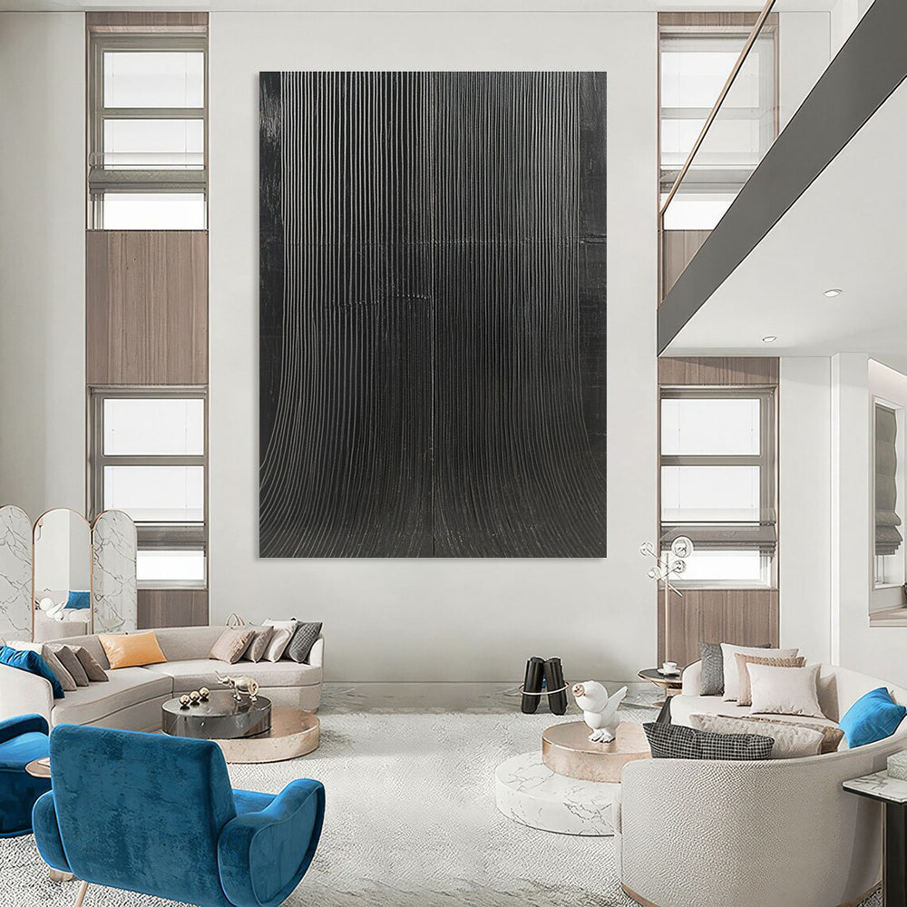 Large abstract painting featuring textured black canvas with S-shaped vertical lines in minimalist style high contrast smooth curves and waves.STSC1280