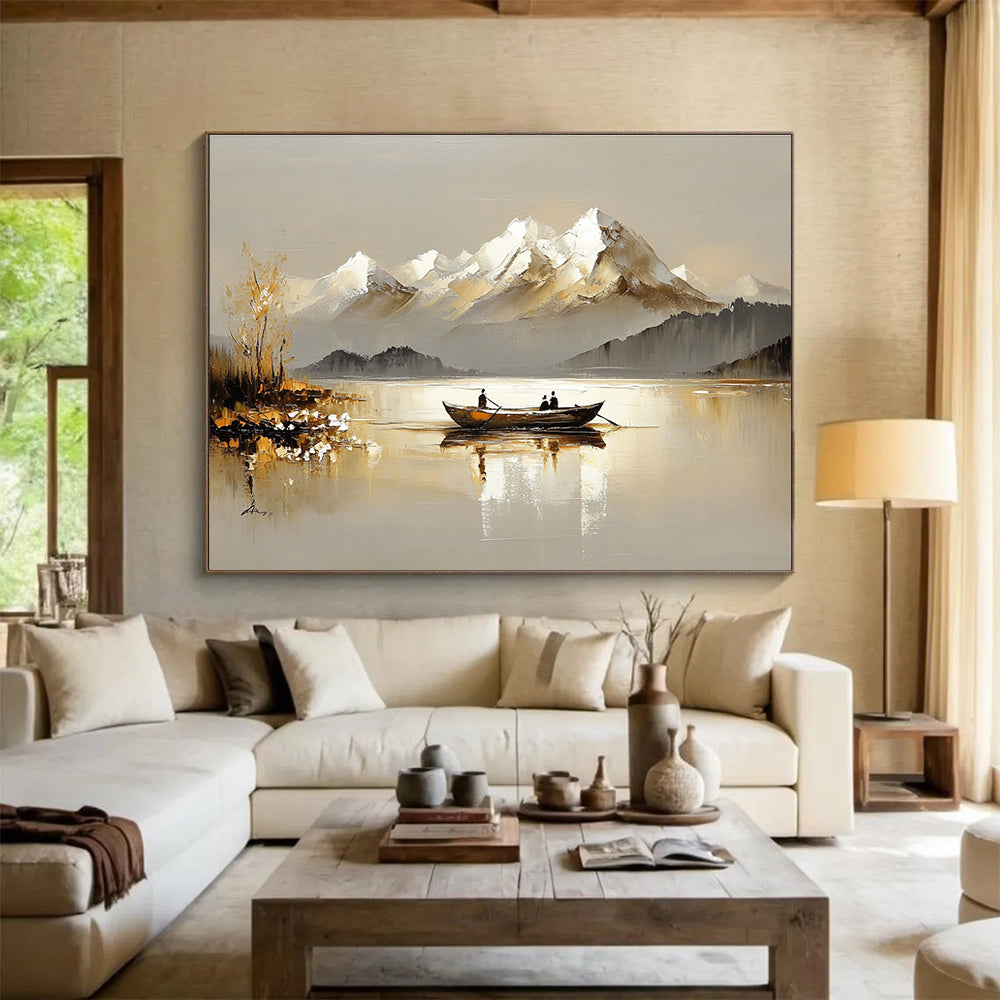 Lake and Snowy Peaks Serene Abstract Painting with Neutral and White Tones DYP605