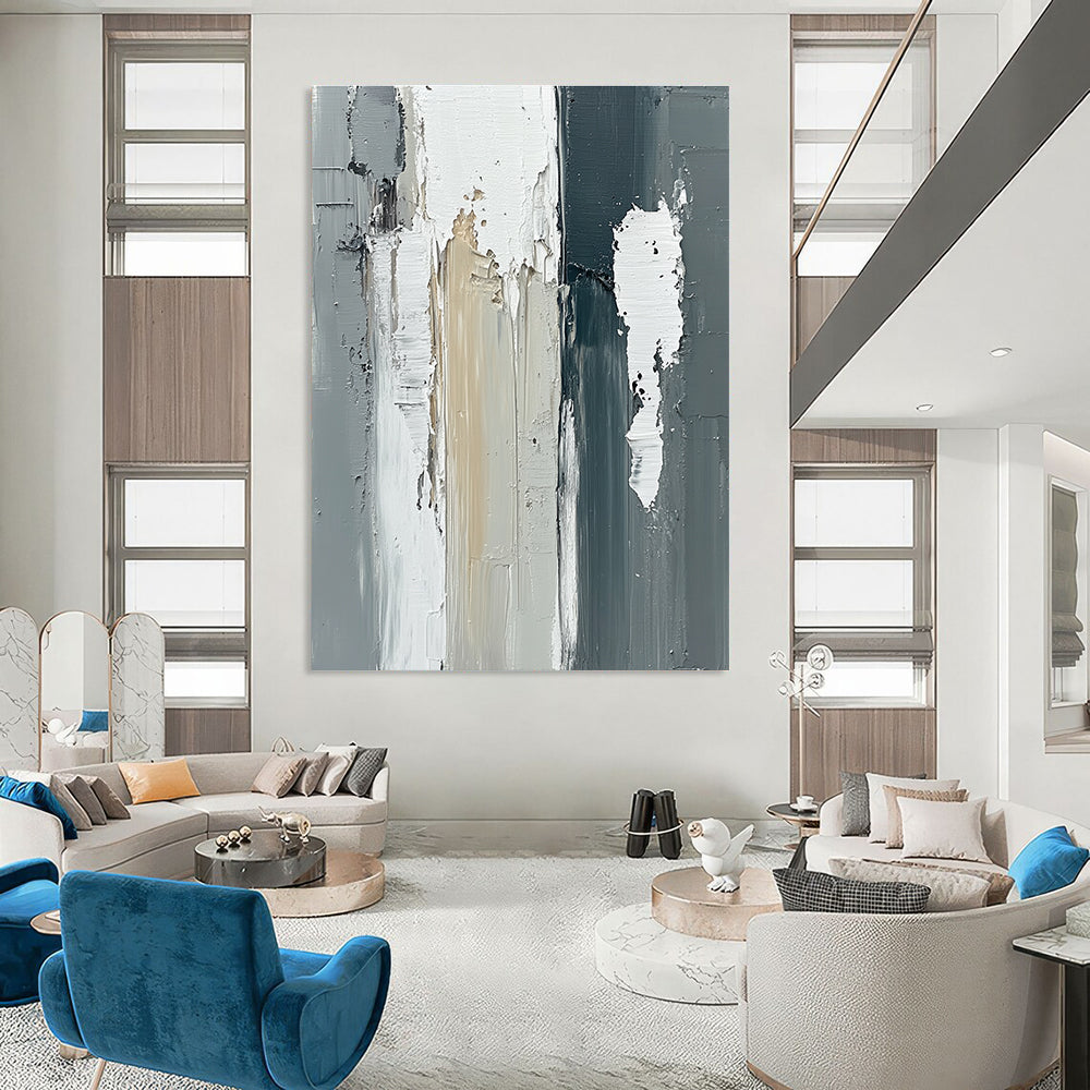 Large abstract oil painting featuring vertical gray and white wooden beams with thick strokes in a neutral monochromatic palette.STSC579