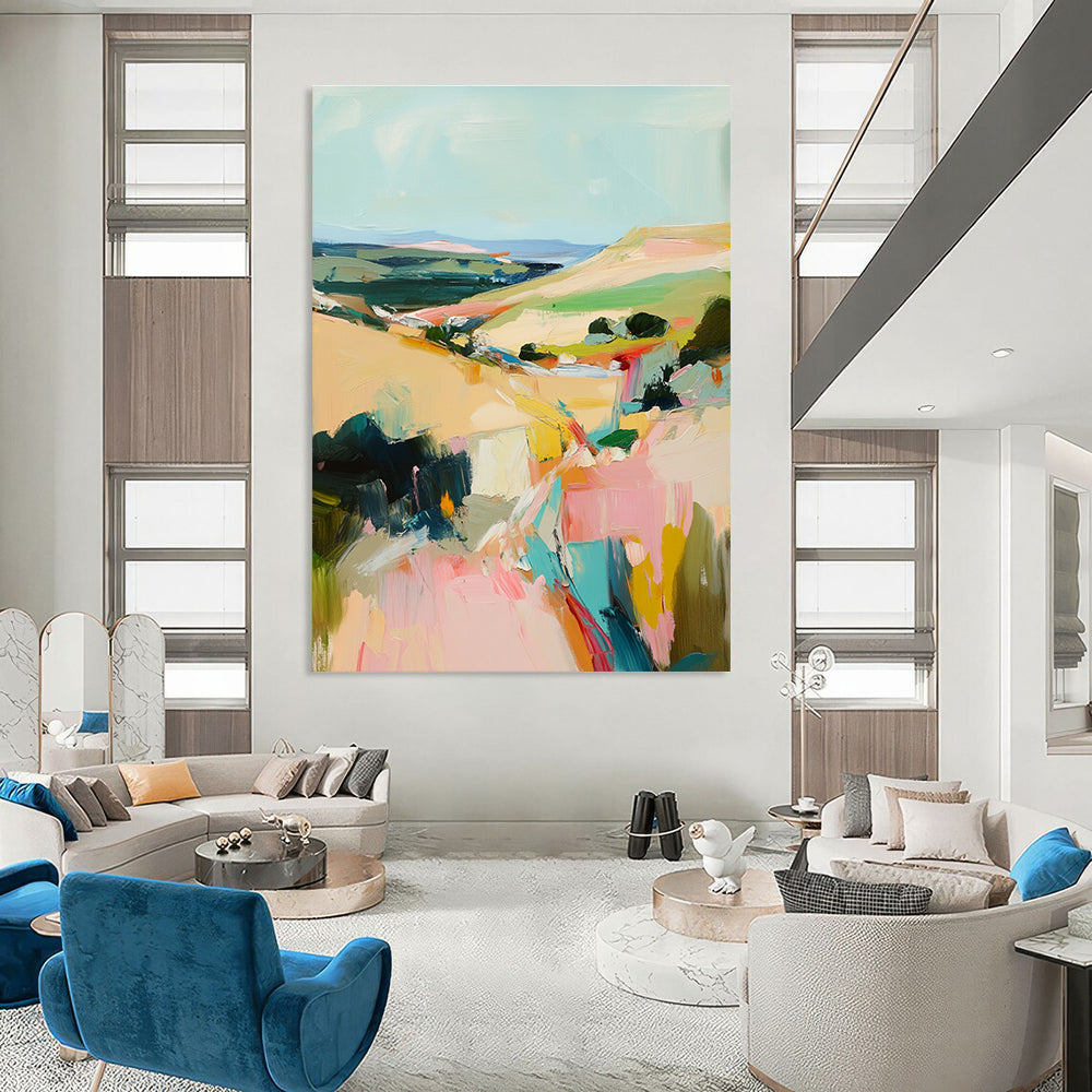 Abstract oil painting of an Irish landscape showcasing vibrant brush strokes in beige pink and teal colors creating a serene atmosphere.STSC150