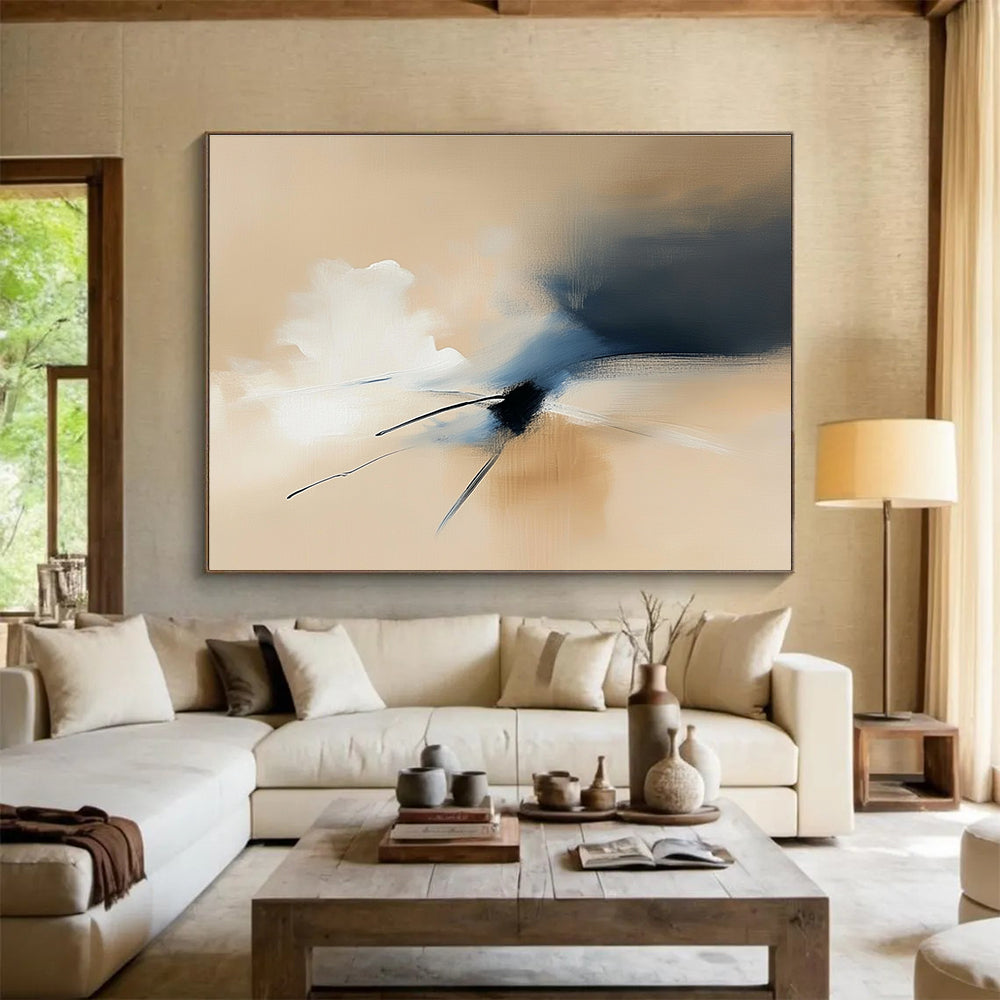Large abstract painting featuring ethereal cloud forms in beige and blue tones with smooth brushwork and soft edges.SC178