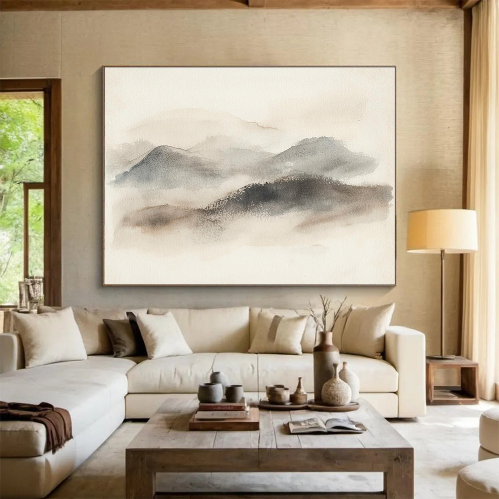 Large abstract watercolor painting of misty hills in muted gray and beige tones with organic brush strokes and textured background on light-colored paper.SC549