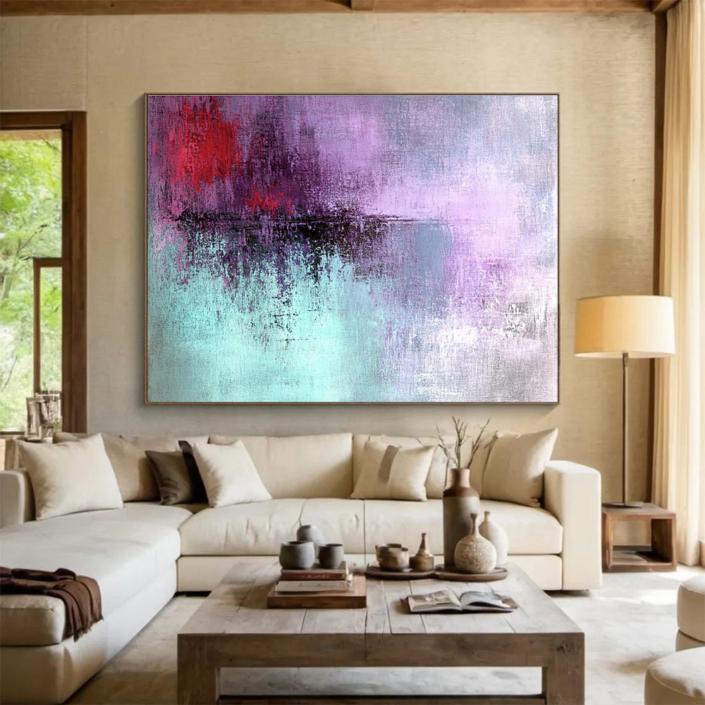 Large abstract painting with grunge texture in light purple and teal featuring dark red details for an emotional expression.SC221