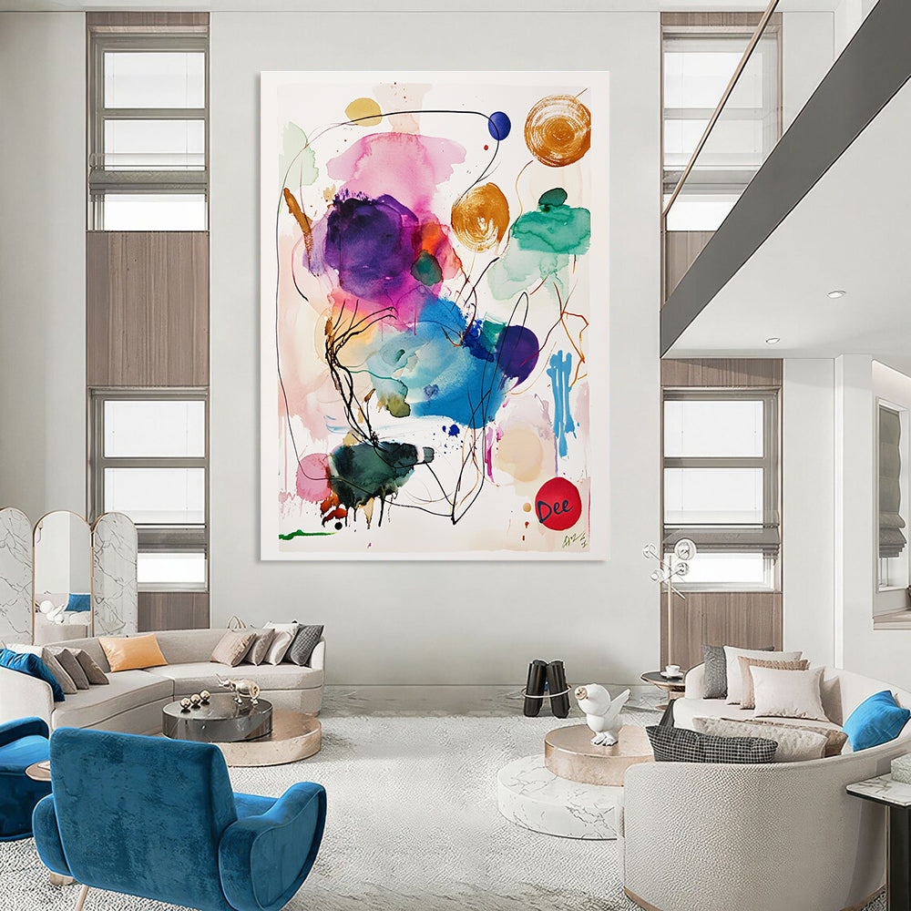 A large abstract watercolor painting featuring a central animal surrounded by colorful ink washes in purple, pink, blue, green, and yellow.STSC1046