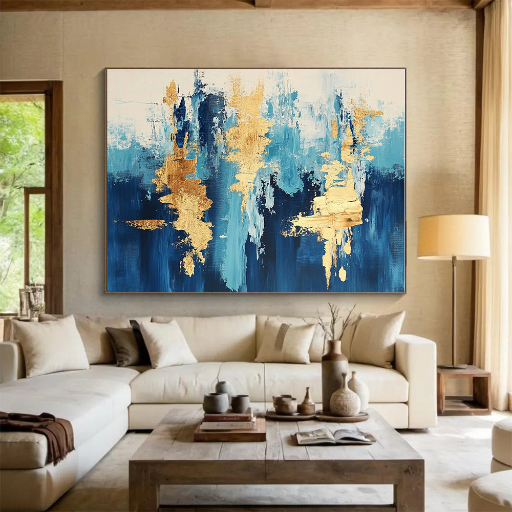 Light Blue and Gold Abstract Painting with Flowing Forms GER373