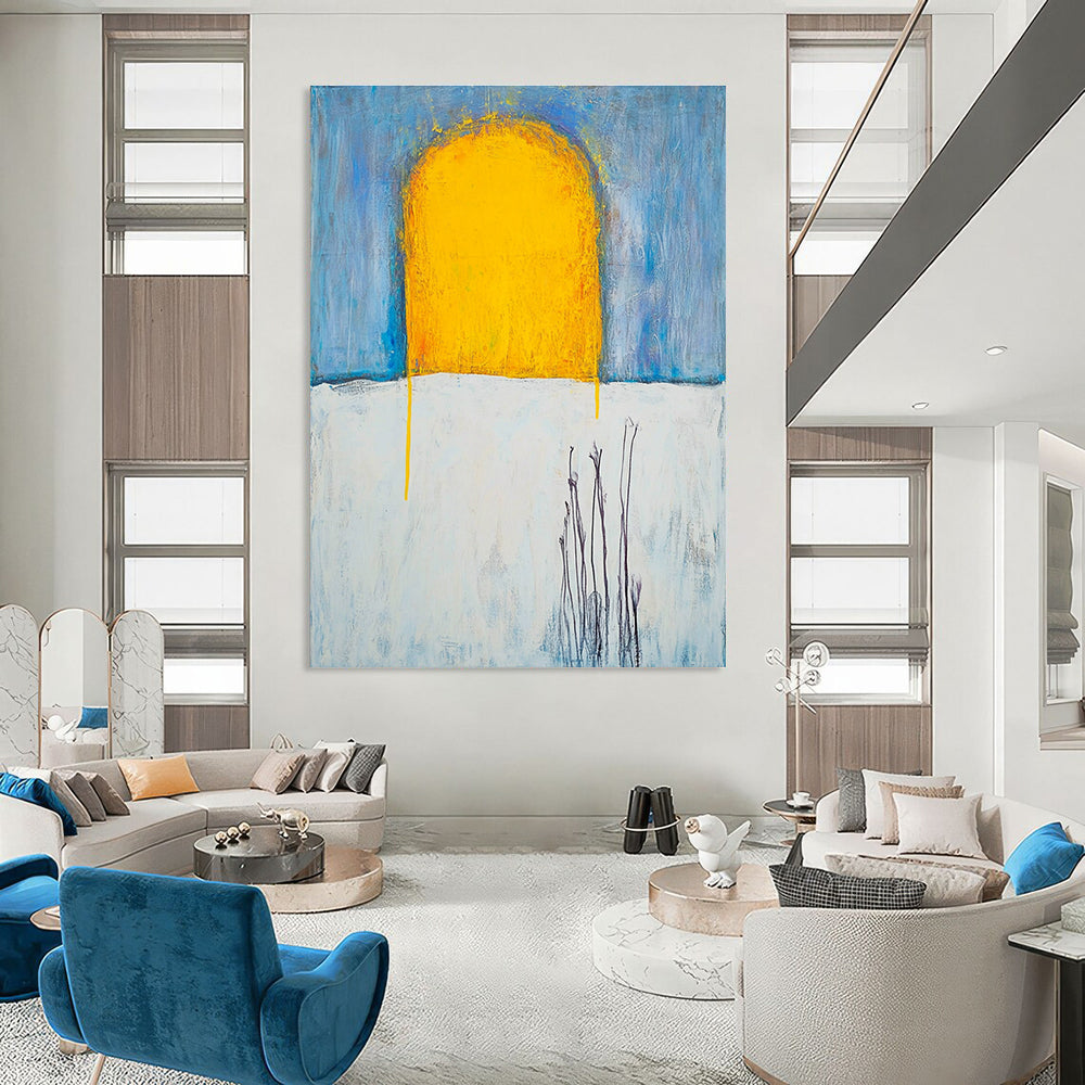 Large abstract painting with yellow sun rays on a white sky featuring textured oil paint and visible brush strokes inspired by Duchamp and Beksiński.STSC370