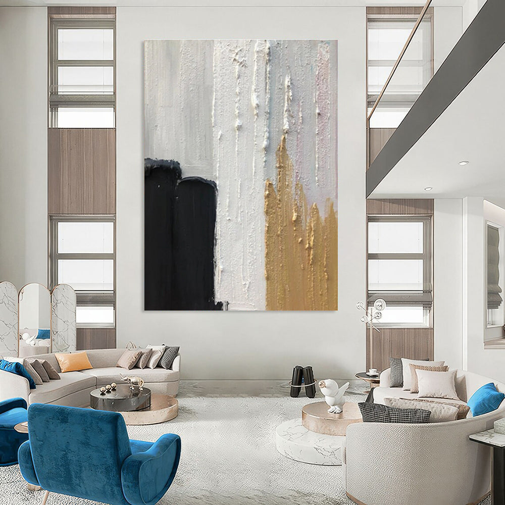 Black, White, and Gold Textured Abstract Painting with Elegant Accents ADGE397