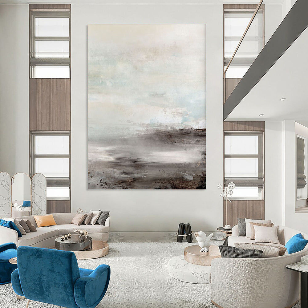 Serene Misty Coastal Abstract in Gray and Blue Painting ADGE154