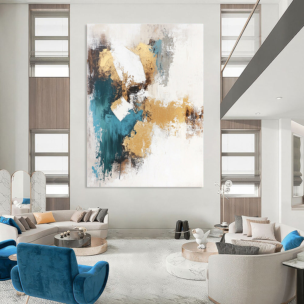 Large abstract painting in beige and teal tones featuring gold foil accents on a white background. Perfect for modern decor.STSC211