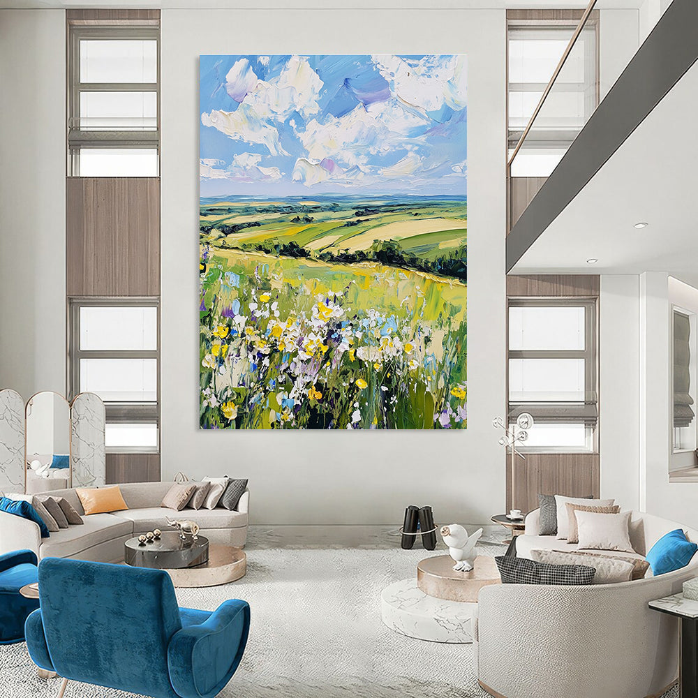 Large abstract painting showcasing a serene English countryside with wildflowers and rolling hills in vibrant colors capturing nature's tranquility.STSC1432