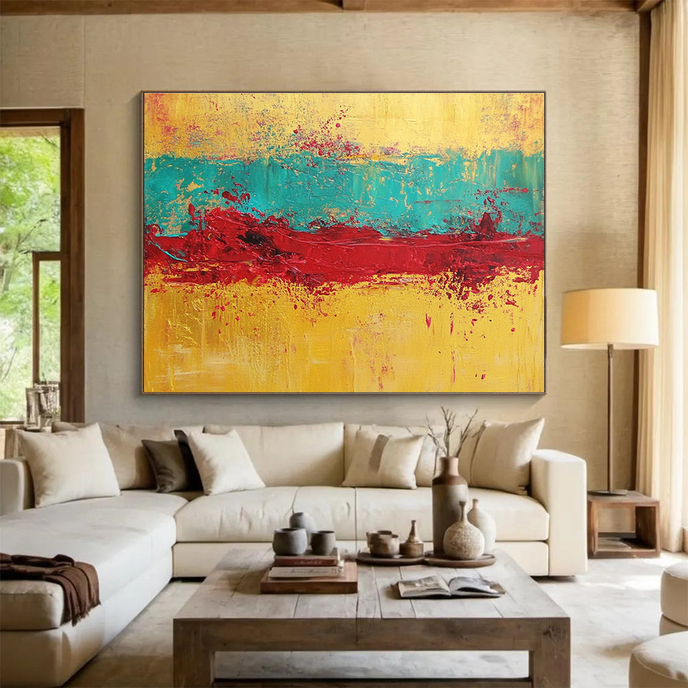 Gold Teal Red Abstract Painting with Textured Layers DYP428