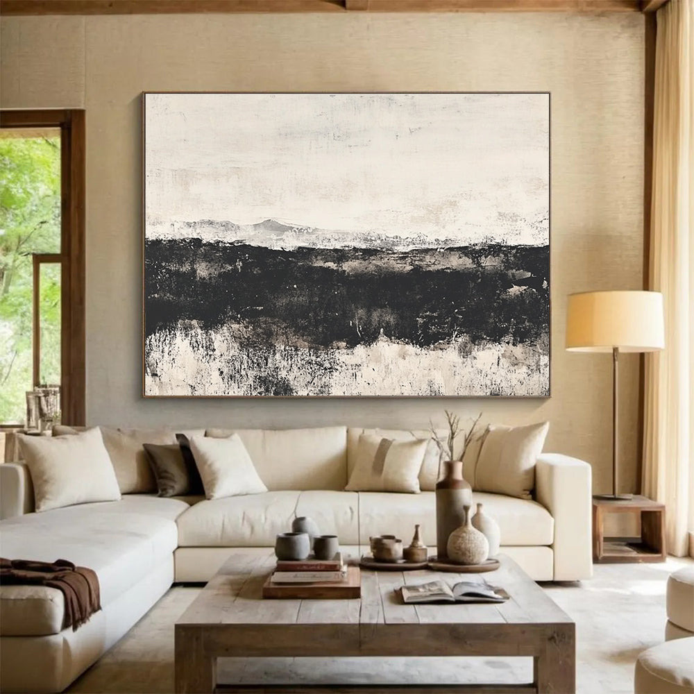 Large abstract painting of the English countryside featuring an open field and distant hills with a textured watercolor effect and calming gray gradient backdrop.SC014