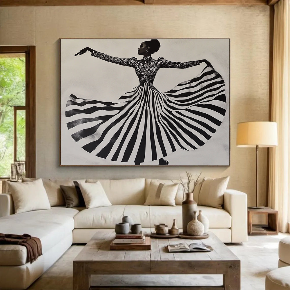An abstract painting featuring a woman in a striped dress twirling, capturing movement and texture against a light gray background.SC426