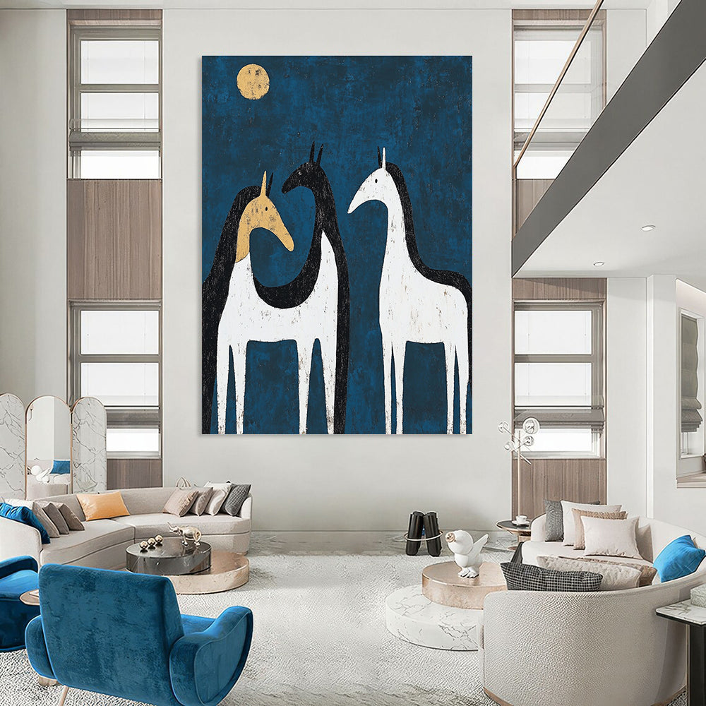 Abstract painting of three black and white horses in moonlight with a hint of yellow on one back, featuring minimalist shapes and textures.STSC072