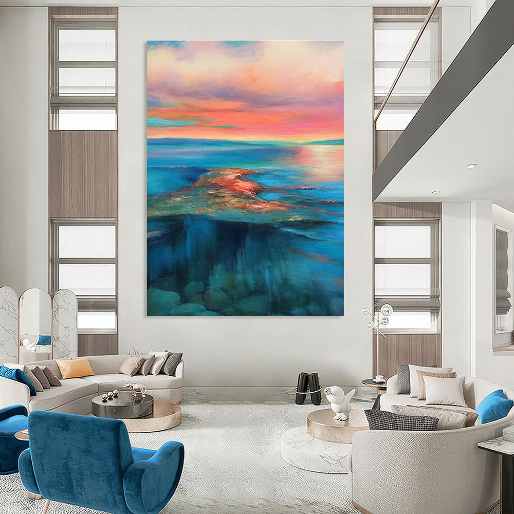 Pink Orange Blue Sea Sunset Abstract Painting ADGE018