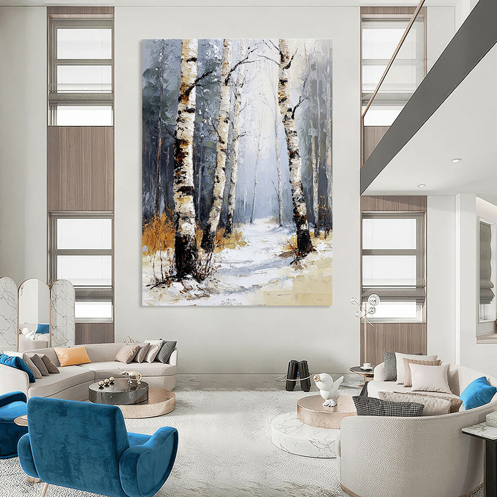 Abstract painting featuring a winter birch forest with soft tones light colors and warm sunshine illuminating the scene among the snowflakes and distant pines.STSC1271