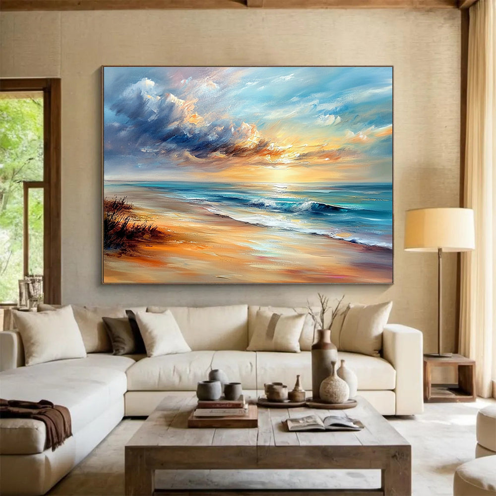 A large abstract painting capturing a serene beach scene with soft sunset colors and textured brush strokes in Impressionist style.SC415