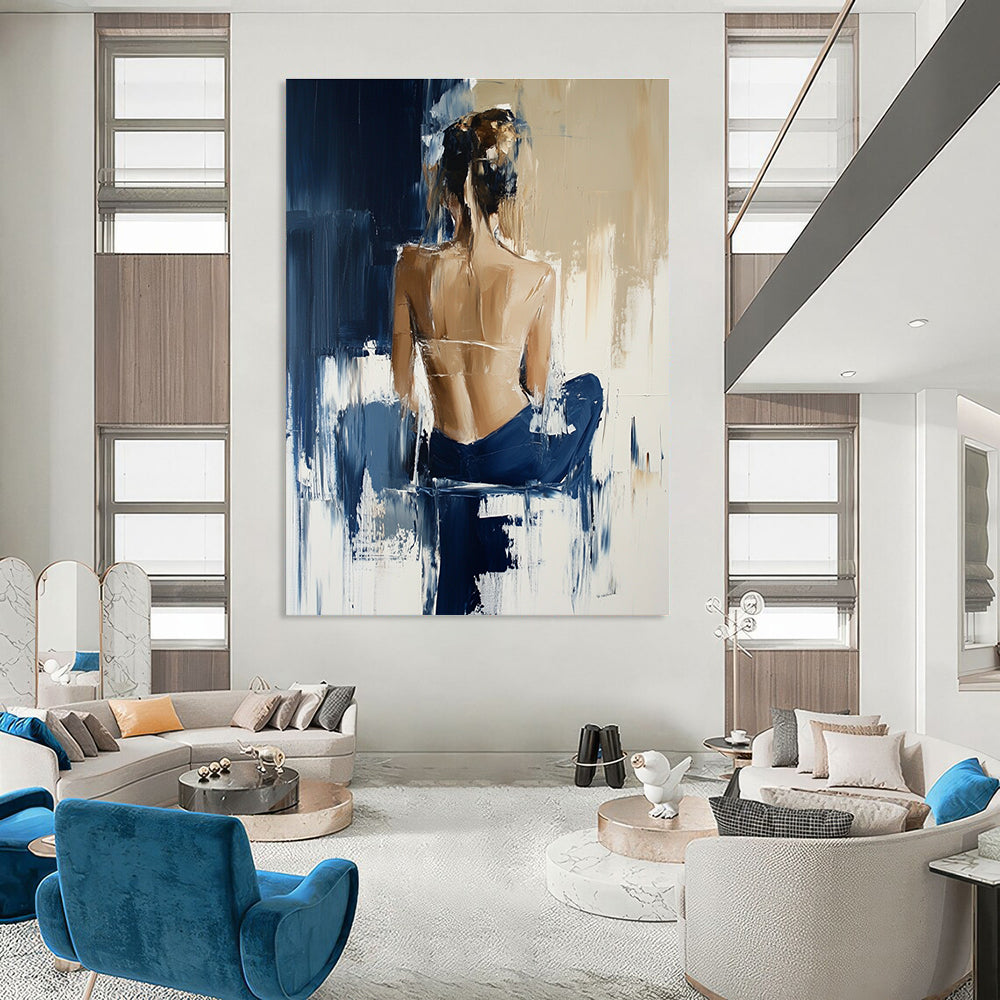 Abstract oil painting showcasing a woman in Hunkemöller collection with beige and navy blue tones and expressive brush strokes reminiscent of Richard Schmid.STSC175
