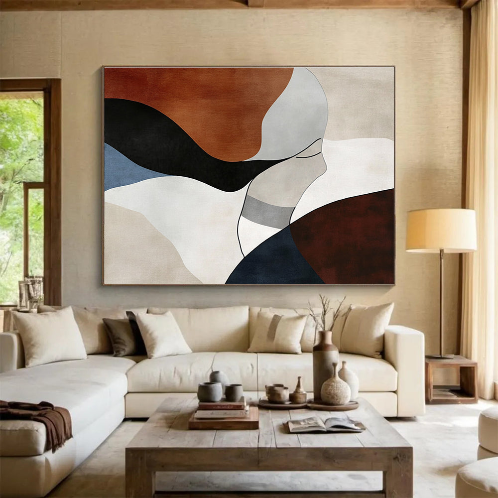 Large abstract art featuring elegant feminine forms in earthy tones, emphasizing organic curves and geometric patterns for a serene modern aesthetic.SC299