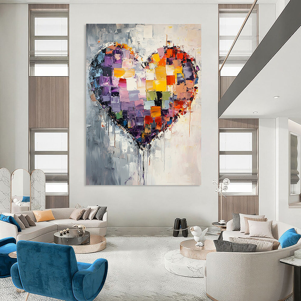 Large abstract painting featuring a mosaic heart with vibrant colors and textured layers, evoking emotion through dynamic brush strokes and dripping details.STSC559