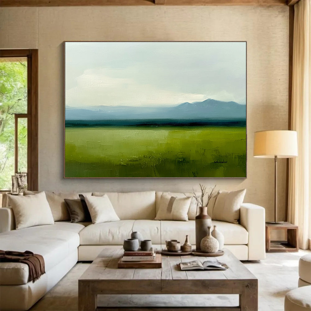 Vast Green Plain Abstract Painting with Green and Blue Tones DYP567