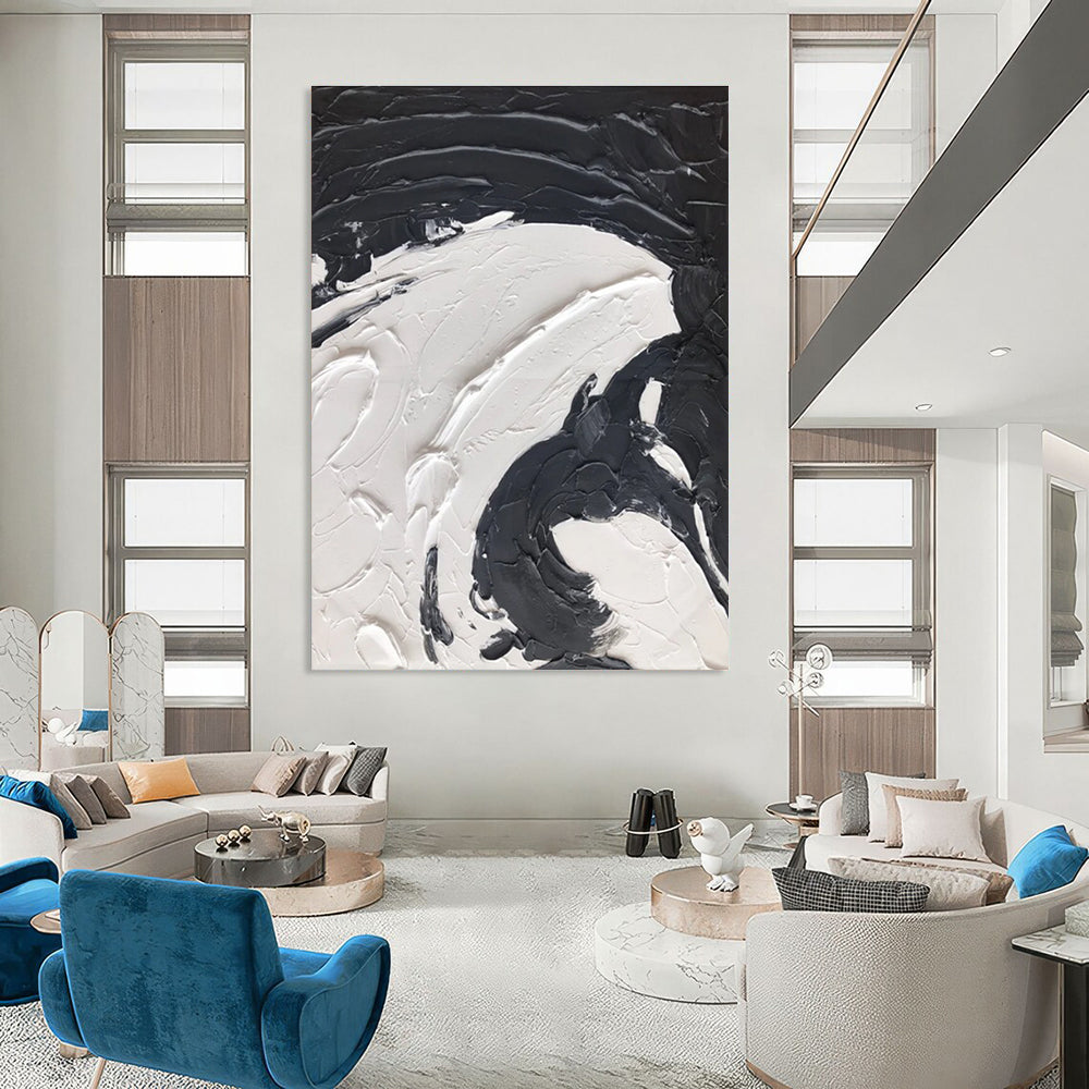 Black and White Swirl - Textured Abstract Painting with Bold Strokes ADGE393