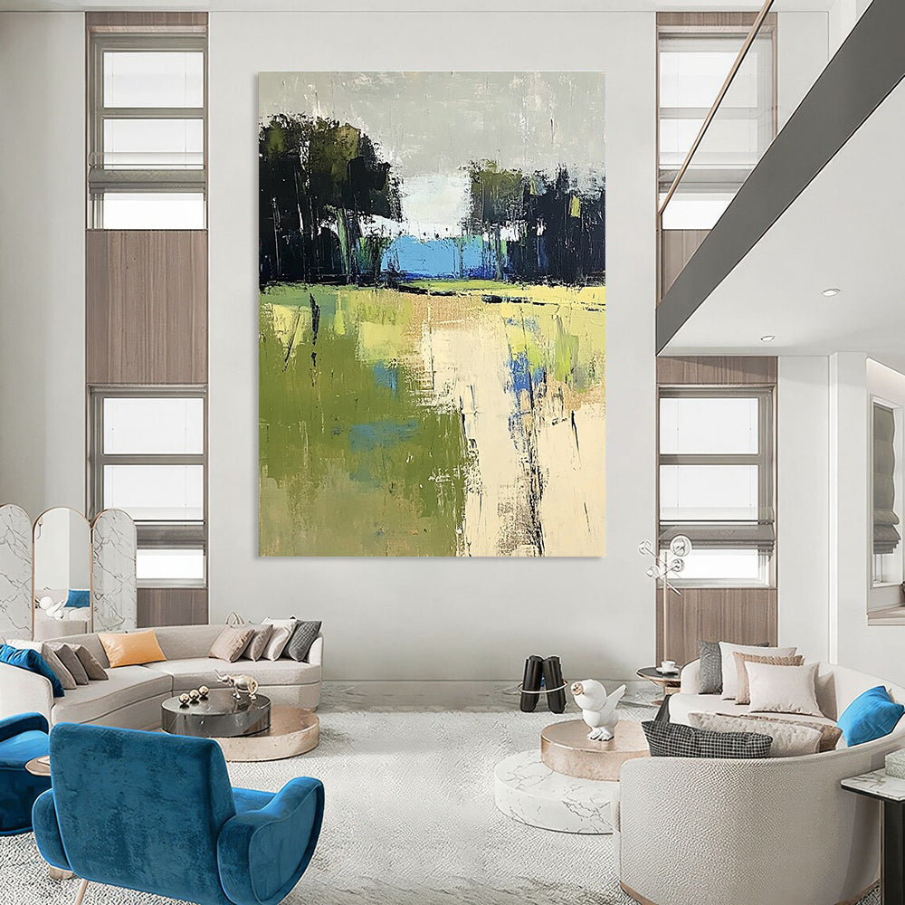 Large abstract painting featuring green and blue fields with distant trees in beige and dark gray tones on a textured canvas.STSC186
