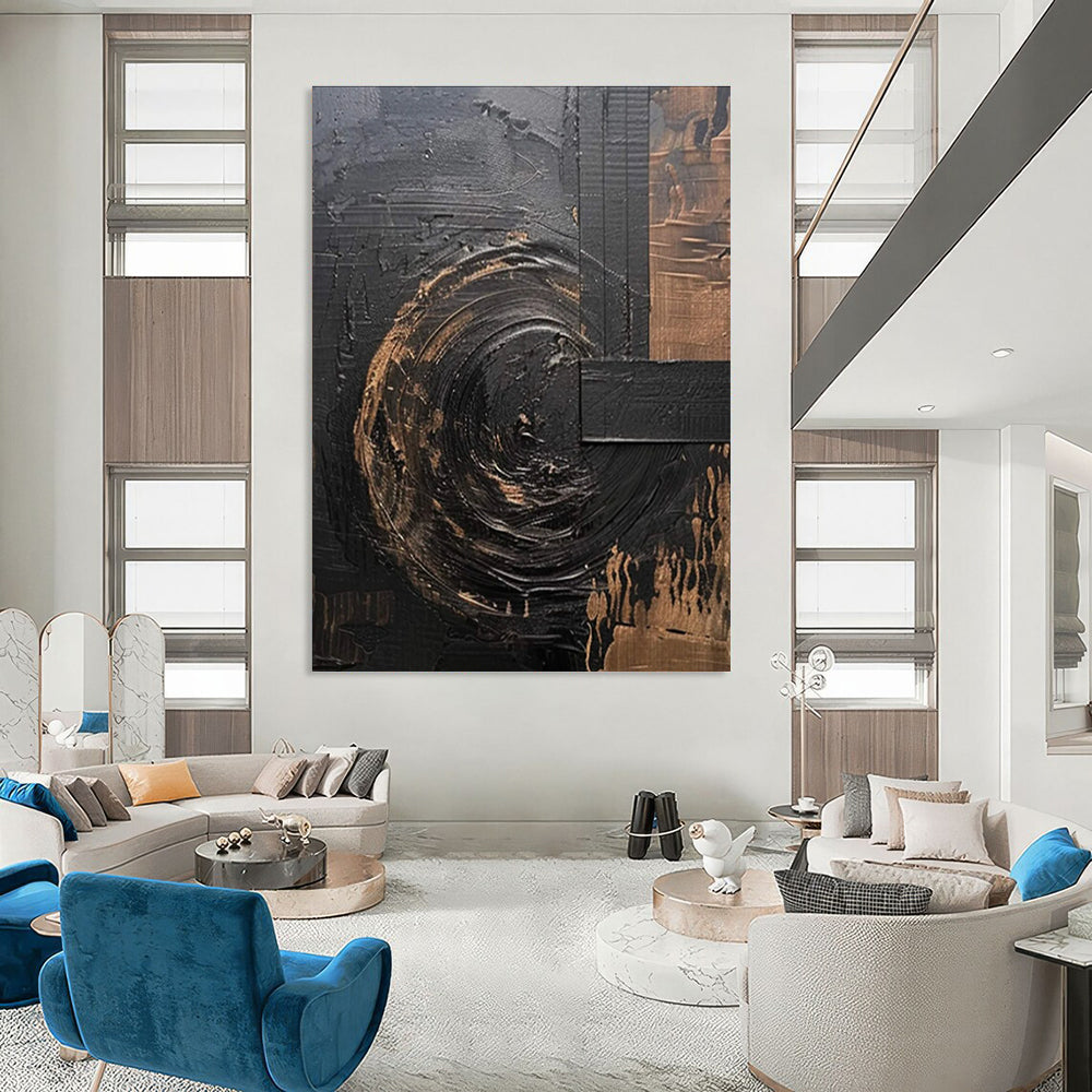 Black - Gold Abstract Painting with Swirling Textures ADGE476