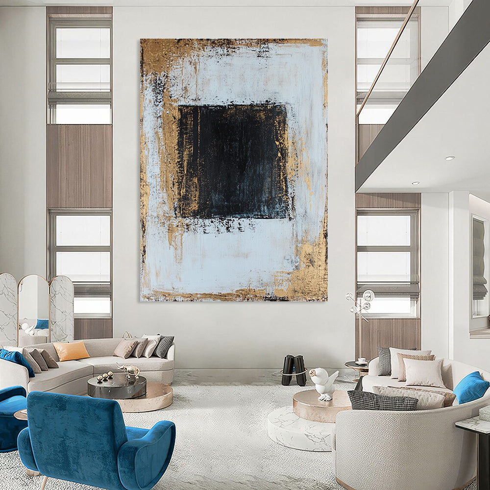 Large abstract painting in white and gold with textured canvas dark blue center perfect composition and golden ratio details.STSC382